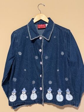 Vintage Embroidered Snowman Denim Jacket - Blue